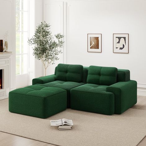 Canapé modulable d'angle en velours côtelé, avec ottoman, convertible en lit, vert (1/5)