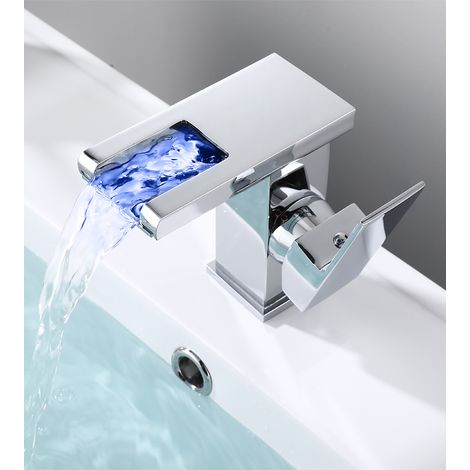 Mitigeur de salle de bain RGB couleur changeante robinet de lavabo cascade robinet de lavabo mitigeur de toilette à levier unique——argent court (1/5)