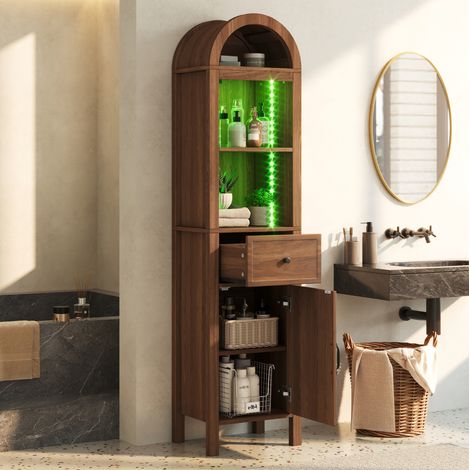 Mueble columna de baño 163 cm con LED, puerta reversible, nogal DESVIAE (1/5)