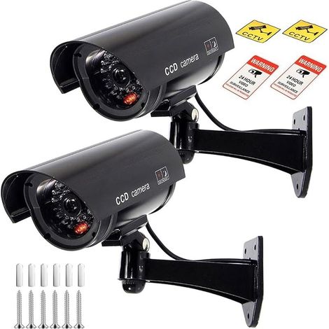 2 Pièces Caméra Factice Extérieur, Caméra de Sécurité Dummy avec LED Rouge Clignotante, CaméraSurveillance CCTV Intérieur et Extérieur, CaméraFactice Sécurité ABS (1/5)