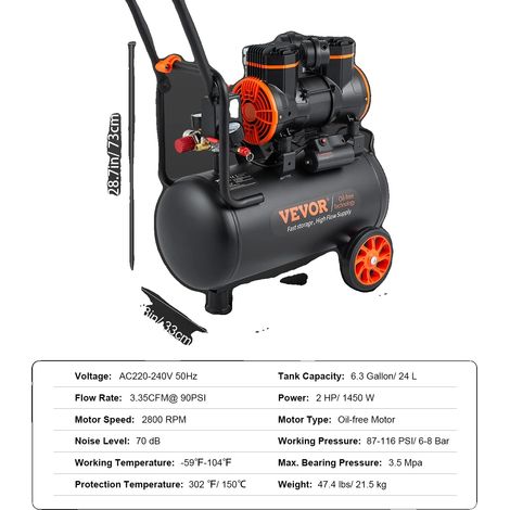 Compresseur d'air silencieux VEVOR, capacité de 9,3 gallons, puissance de 2,5 HP (1/2)