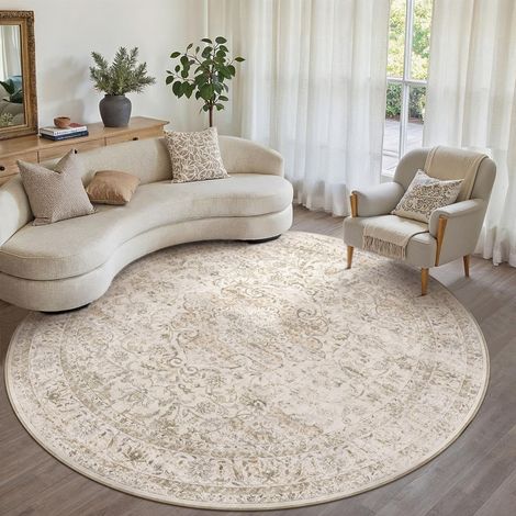 Beige Vintage Tapis Salon 240cm Rond Lavable en Machine Chambre Adulte Rugs,Descente de Lit Carpets,AntidéRapant,Chambrel Mangerded Carpet,Interieur Doux Poil Ras (1/5)