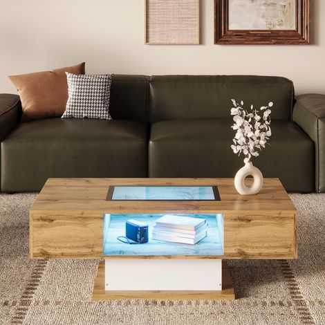 Table Basse de Salon avec LED Changeant de Couleur, Plateau en Verre et 2 Tiroirs - 110.2x60x39.7cm - Chêne Sauvage et Blanc (1/5)