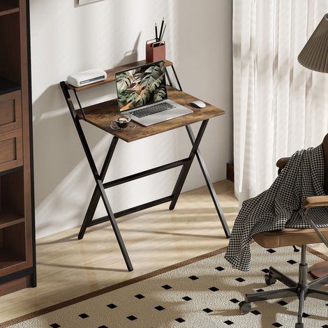 Bureau pliable 65.5x45cm, étagère de rangement pour chambre/petits espaces, brun rustique