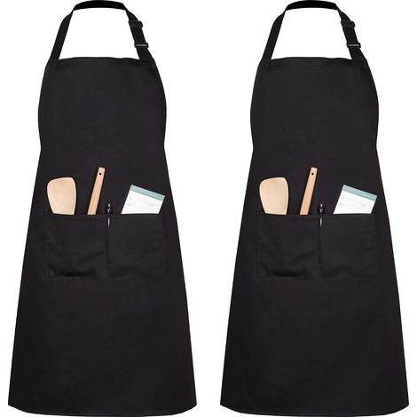 2 Packs Tablier De Cuisine avec 2 Poches Réglable Cuisson à Domicile Tabliers pour Femmes Hommes Chef (Noir Polyester) (1/5)