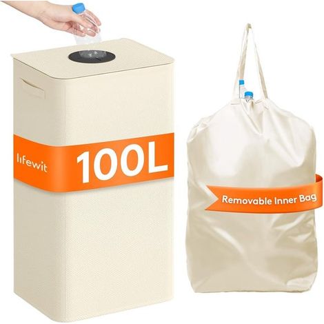 Panier à linge 100 l - Panier à linge - Panier à linge avec couvercle - Panier à linge avec couvercle et ouverture séparée - Sac à linge amovible - Bac de rangement avec double poignée - Blanc cassé