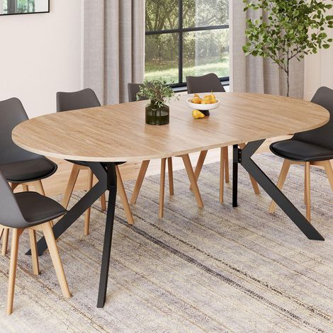 ALIX Mesa de comedor redonda extensible para 4-10 personas con pata de madera y araña negra 110 - 200 cm