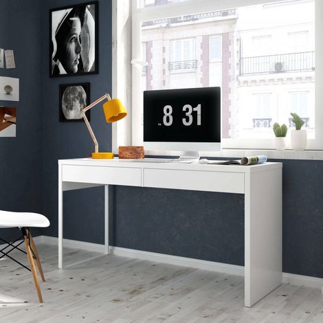 Dmora - Escritorio Dfattor, escritorio de oficina reversible, Mesa de estudio porta pc con 2 cajones, 138x50h75 cm, Blanco brillante (1/5)