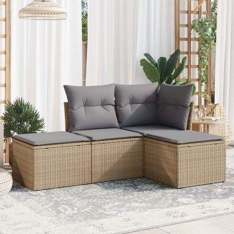 vidaXL Gartenmöbelset mit Kissen 4 Teile Beige Geflecht (1/3)