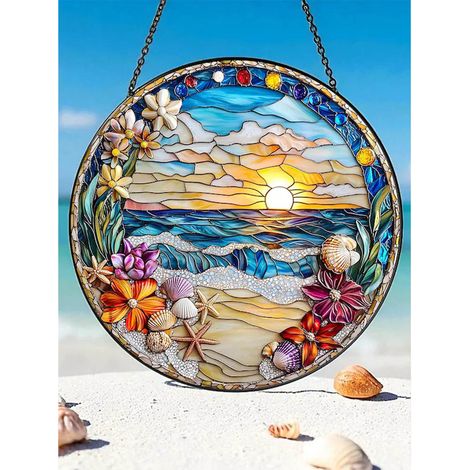 Décoration vitrail plage 12,5 cm, attrape-soleil intérieur