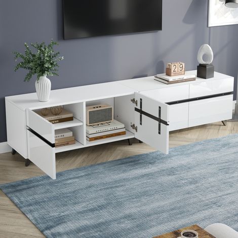 Mobile TV 180 x 40 x 49 cm con 4 ante, frontale lucido, MDF, bianco OKMYHOME (1/5)