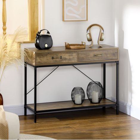 Table console d'entrée vintage marron et noir avec 2 tiroirs et étagère basse 100x35x76,5 cm (1/5)