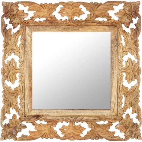 Miroir sculpté à la main, brun, 50 x 50 cm, bois de manguier massif (1/5)