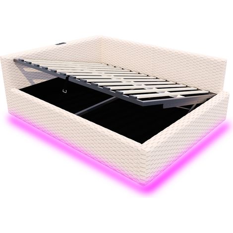 Lit rembourré 140 x 200 cm, avec éclairage LED, port Type-C et deux ports USB, dossier souple en L, tissu en velours, cadre de lit hydraulique, beige (matelas non inclus) (1/5)