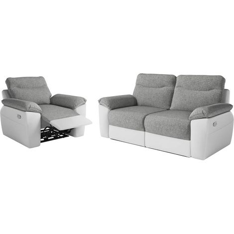 PACK - Canapé de relaxation ROSS électrique 3 places et fauteuil en tissu et simili - Blanc/Gris