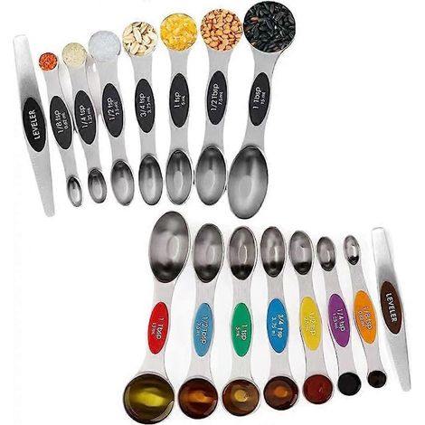 Cuillères doseuses magnétiques, 2 jeux de 16 cuillères à café et cuillères à soupe empilables en acier inoxydable double face pour ingrédients secs ou liquides (1/5)