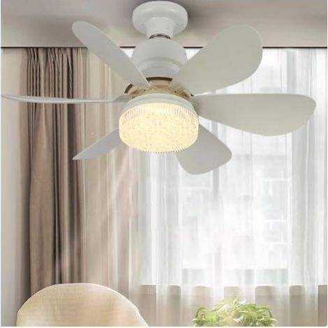 Ventilateur de plafond avec lumière LED 52 cm, 6 pales blanches & abat-jour en cristal, télécommande incluse (1/5)