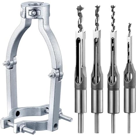Adaptateur compatible avec perceuse carrée et 4 forets. Compatible avec perceuse à colonne. Scie cloche. Outil de perçage pour mortaiseuse. Compatible avec mortaiseuse. (1/5)