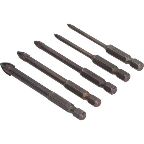 Set de 5 forets en carbure de tungstène avec profil hexagonal et croisé pour verre, céramique, carrelage, mur en brique, bois (1/5)