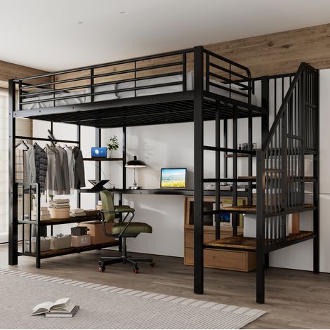 Lit mezzanine 120x200 cm avec échelle, port USB, portant et étagère noir HAVRYA (1/5)