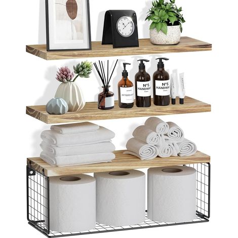 Wooden Wall Shelf, 3+1 Bathroom Shelf, Kitchen Wall Shelf, Wall Shelf, Wall Shelves with Wire Storage Basket for Living Room/Office. (1/5)