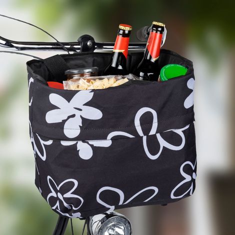 Fahrradtasche schwarz mit Blumen für Lenker - 30 x 25 cm - Einkaufstasche für Fahrräder zur Festmontage - Fahrradkorb Lenkertasche Einkaufskorb Transportkorb Metallkorb Korb Tasche für Fahrrad engmasc