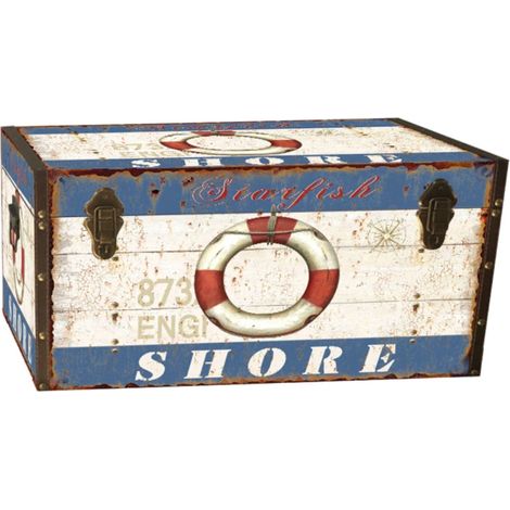baule in legno vintage bellahome rivestito in ecopelle fantasia "ocean" piccolo 51x29,5x38,5 cm