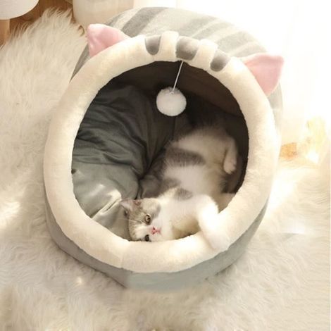 Lit pour Chat Tapis de Grotte Lavable pour Petit Chien en Peluche avec lit Amovible pour Chat et Maison (L-48x45x40cm,Chat Gris) (1/4)