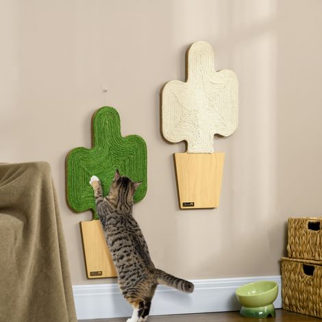 Ensemble de 2 arbres à chat/griffoirs, motif cactus, à fixer au mur, 30 cm x 60 cm, chêne, blanc et vert.