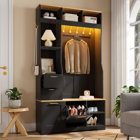 Armario recibidor con zapatero, banco y LED APP, 100 x 32 x 186 cm, MDF y tablero de partículas (1/5)