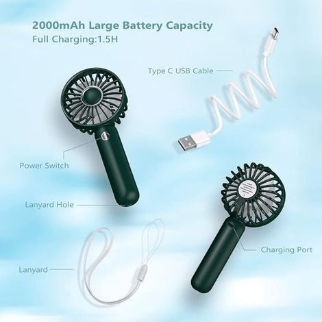 Mini-Taschenventilator, USB-aufladbarer tragbarer Ventilator, kleiner batteriebetriebener Taschenventilator, 3 einstellbare Geschwindigkeiten, für Zuhause, Büro, drinnen, draußen, auf Reisen, dunkelgr (1/4)