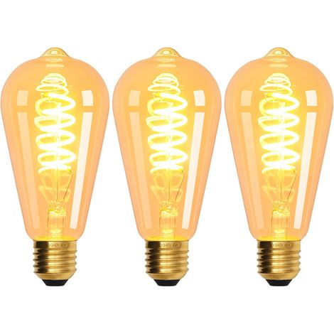 Lot de 3 ampoules E27, ST64, 4 W, 220-240 V, lumière jaune chaud 2200 K, verre transparent, filament spiralé, ampoule LED vintage à intensité variable [Classe énergétique E] (1/4)
