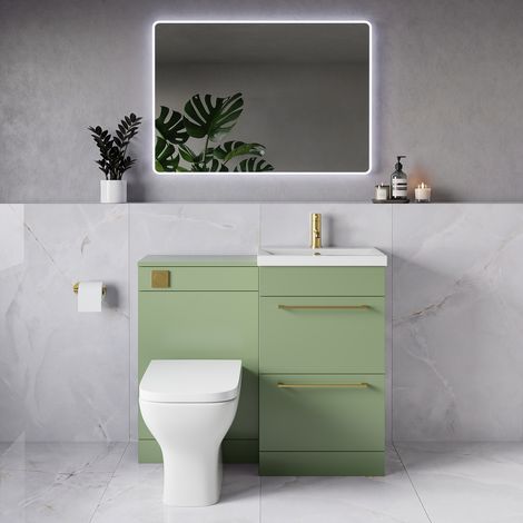 Napoli 390 Olive Green 1000mm 2 Drawer Vanity Unit Toilet Suite with Glide Basin - 1000mm - Brushed Brass 320mm HandleWith Kingston Toilet Pan and Seat