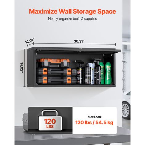 Armoire Murale Atelier, 77 x 30,5 x 35,6 cm, Armoire à Outils Garage Suspendue Métal, Rangement Mural, avec Porte Rabattable, Capac… (1/5)