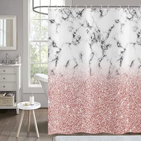 Rideau de Douche Rose Or Scintillant 180x180 - Gris et Blanc Aspect Marbré, Baignoire Abstrait Moderne Luxe Art Imperméable Polyester Tissu Lavable (1/4)