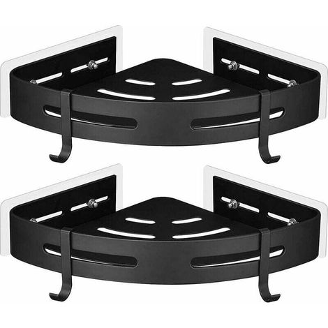 Etagère de Douche d'angle sans Perçage en Aluminium Aéronautique avec 2 Crochets pour Douche Support Antirouille Autocollant pour Articles de Salle de Bains 2 Pièces Noir (1/4)