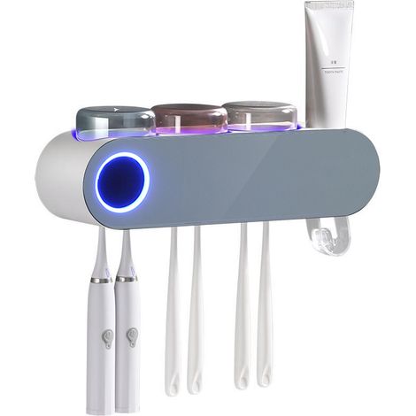 1 stérilisateur UV pour brosses à dents, avec support mural 3 compartiments, distributeur de dentifrice intégré, accessoire salle de bain (1/5)