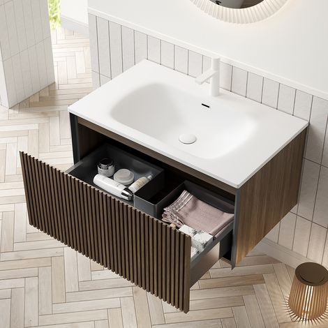 Meuble lavabo suspendu 80 cm avec vasque céramique blanche/meuble contreplaqué rayé 1 tiroir - Finition chêne brun (1/5)