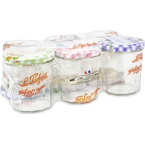 Lot de 6 pots à confiture 324 ml – En verre avec couvercle métal décoré – Diamètre 82 mm – Pour conserver les fruits frais – Le Parfait (1/5)