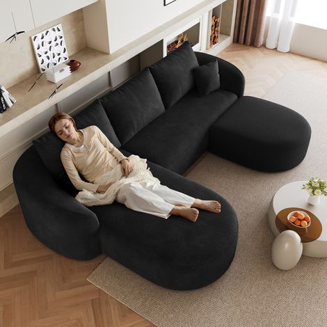 Canapé d’angle modulaire en U noir en tissu chenille sans montage (1/5)