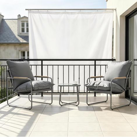 Ensemble de jardin en metal et verre, 2 places, gris, avec coussins dehoussables et table carree (1/4)