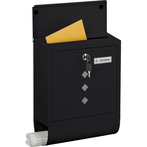 Relaxdays Boite aux lettres, métal, 4 clés, porte-journaux, design sobre, H x L x P : 38 x 31 x 14 cm, noire