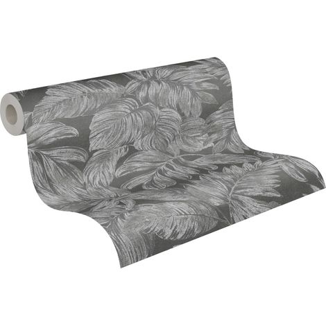 Papier peint intissé feuillage noir et gris Tapisserie fleurie style tropical pour salon Papier peint floral idéal pour chambre (1/5)