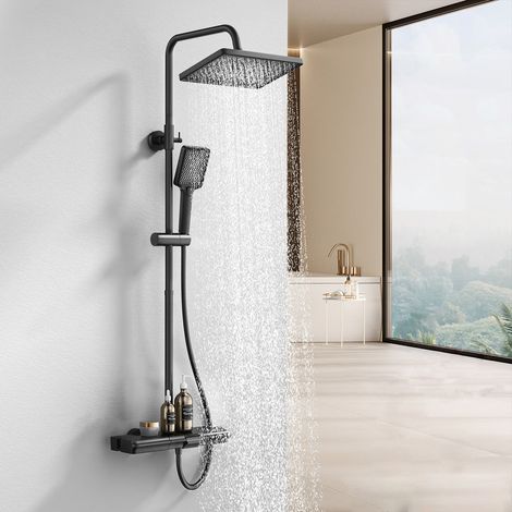 Colonne de Douche Thermostatique Noir, Hauteur Réglable 855-1230mm, Ensemble Sans Percement Supplémentaire, avec Étagère et Boutons Piano, en Laiton,Panneau Large pour Produits de Douche (1/5)