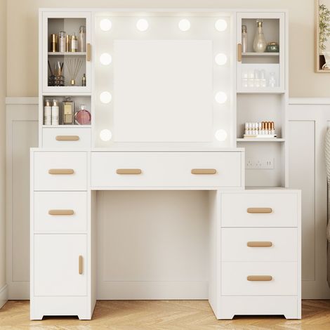 Coiffeuse de Maquillage Blanche, Miroir LED Réglable 3 Couleurs, Nombreux Rangements, Prises Secteur et Ports USB Intégrés, Table de Maquillage avec Tiroirs et Armoires, Idéale pour Chambre, Confort e (1/5)