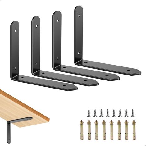 Equerre Etagere Murale, Support Etagere Murale Support Etagere 4 Pièces 13,9x12,2cm Noir, Equerre Metal pour Charges Lourdes avec Vis et Chevilles, Pour Salon Chambre Cuisine Bureau (1/5)