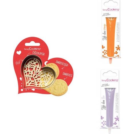 Kit pour biscuit en relief Coeur + 2 Stylos au chocolat orange et lilas (1/3)