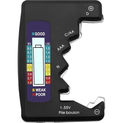 Probador de baterías digital LCD de 9V 1.5V con botón, indicador de nivel de capacidad de la batería, detector, monitor, herramienta de diagnóstico, 1 pieza, color negro. (1/4)