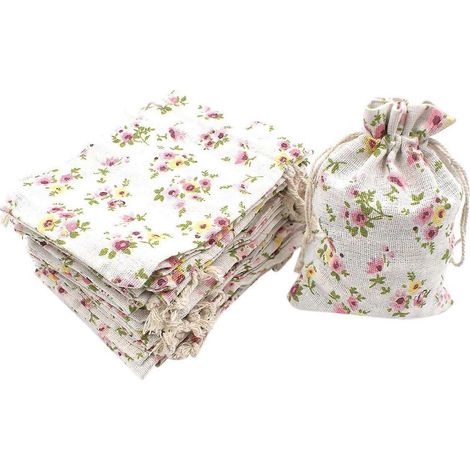 Lot de 50 sacs à cordon en toile de jute à motif floral, pochettes à bijoux en lin pour Noël, mariage et fêtes. (1/5)