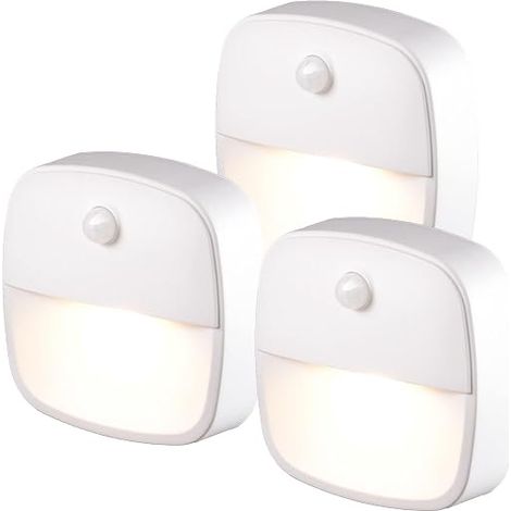 Set of 3 LED Battery Motion Sensor Light - Automatic Stair Night Light for Hallway, Bedroom, Kitchen, Cupboard - Warm White (1/5)